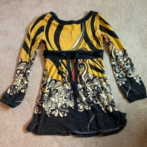 Aryeh Mustard and Charcoal Floral Long Sleeve Dress - Picture 3 of 6